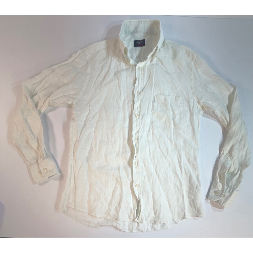 Paul & Shark Yachting Mens White 100% Linen Button Down Shirt Size L 41 16.5